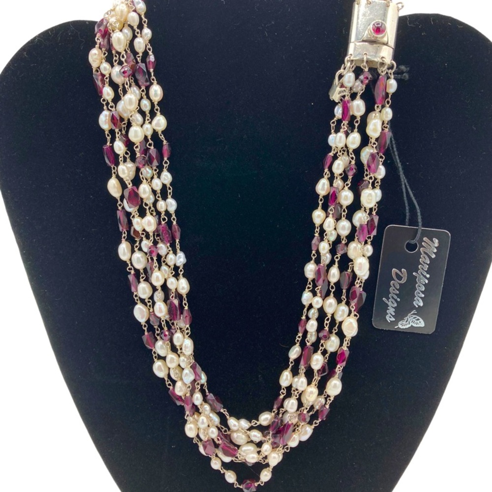 NWT Mariposa Designs 18" Sterling, Freshwater Pearl, and Garnet Necklace